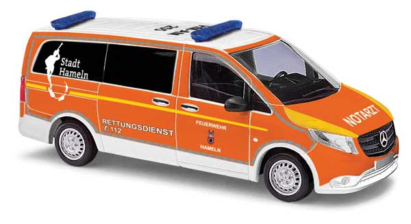 Busch Gmbh & Co Kg 51182 2013 Mercedes-Benz V Class Passenger Van - Assembled -- Notarzt Hameln, Germany (orange, white, German Lettering), HO Scale