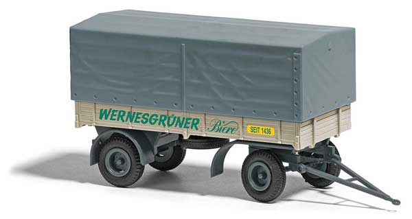 Busch Gmbh & Co Kg 53355 1967 IFA HL 80 Low-Side Farm Trailer withCanvas Cover- Assembled -- Wernesgruner (beige, gray, green, German Lettering), HO Scale