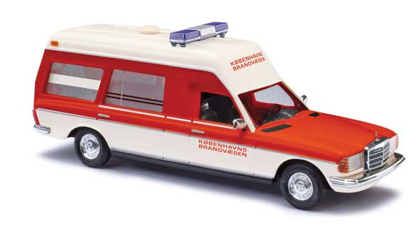 Busch Gmbh & Co Kg 52216  1977 Mercedes-Benz VF 123 High-Roof Station Wagon Ambulance - Assembled -- Kopenhagen Fire Department (red, white, German Lettering), HO Scale