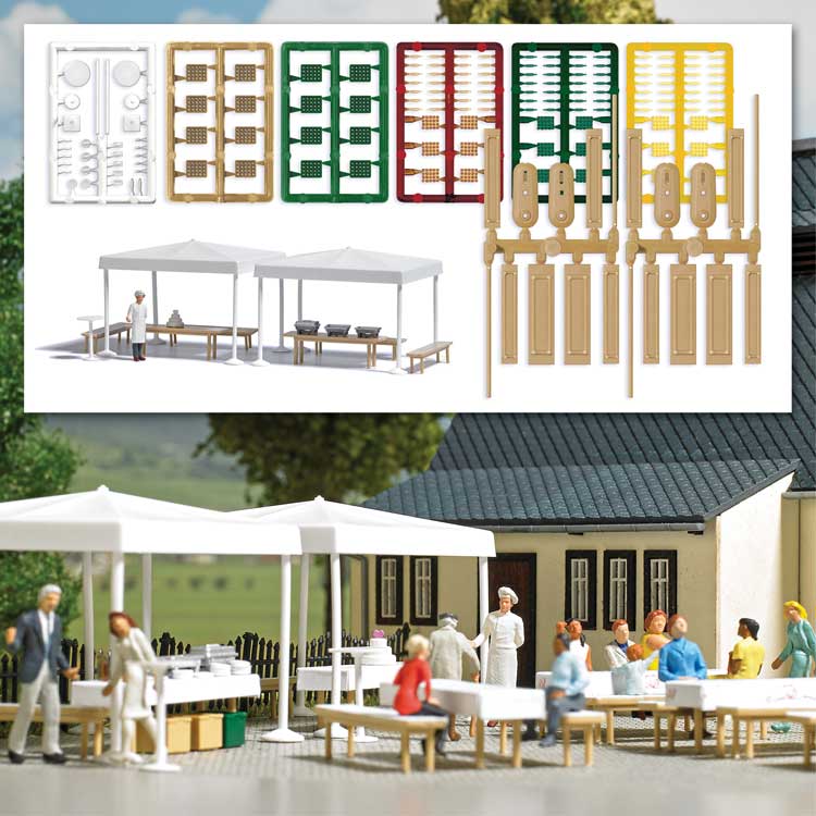 Busch Gmbh & Co Kg 1830 Catering Scene w/Cook Figure -- Includes 2 Tents, 2 Tables, 4 Benches and Other Details, HO Scale