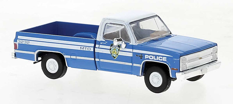Brekina HO 19654 1981 GMC Sierra Grande C10 Pickup Truck, Assembled, New York Police Department (blue, white)