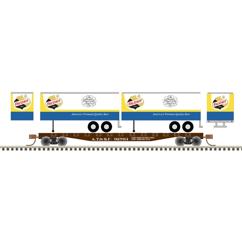 PREORDER Atlas 50006505 50' Piggyback Flatcar w/Two 24' Trailers - Ready to Run -- Santa Fe