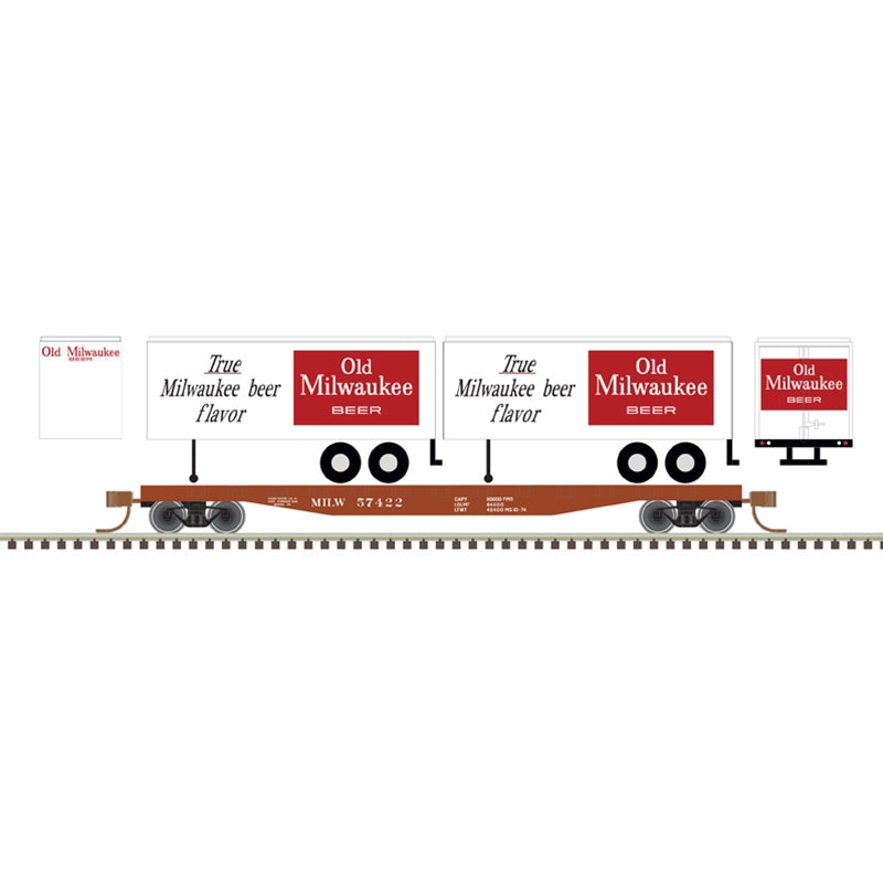 PREORDER Atlas 50006510 50' Piggyback Flatcar w/Two 24' Trailers - Ready to Run -- Milwaukee Road