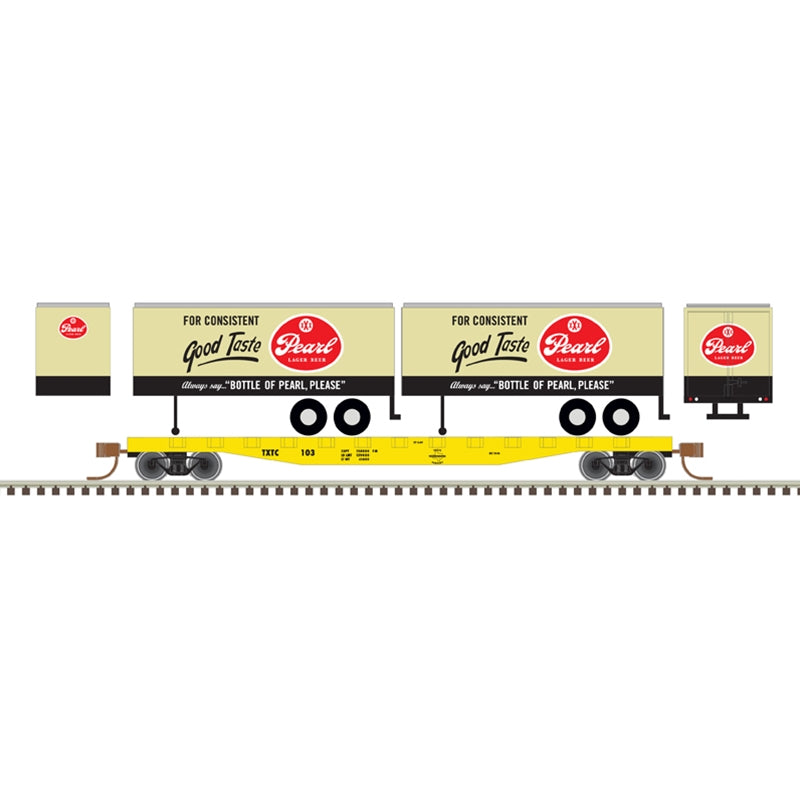 PREORDER Atlas 50006511 50' Piggyback Flatcar w/Two 24' Trailers - Ready to Run -- Texas Transportation Co.