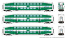 PREORDER Rapido 546013 N Bilevel Commuter Cab Car & 2 Coach Set - Ready to Run -- GO Transit Set #1 #205, 2123, 2150 (green, white)