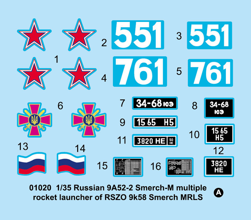 Trumpeter Russian 9A52-2 Smerch-M multiple rocket launcher of RSZO 9k58 Smerch MRLS 01020 1:35