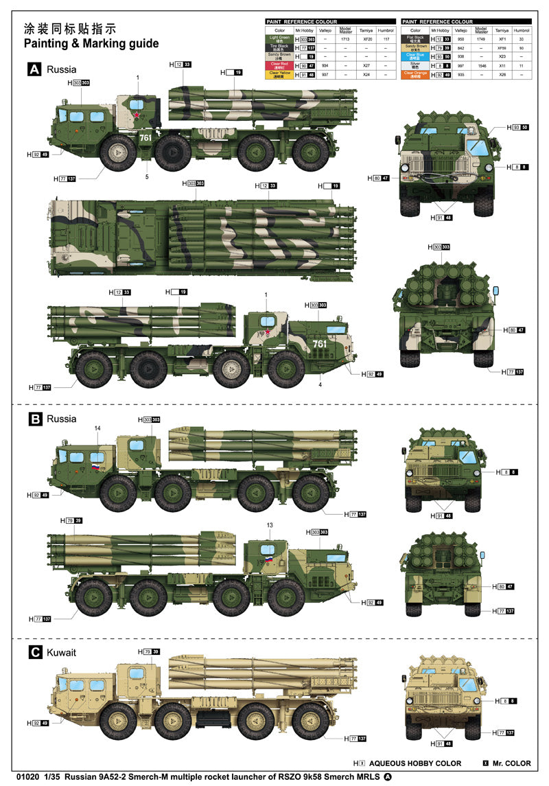 Trumpeter Russian 9A52-2 Smerch-M multiple rocket launcher of RSZO 9k58 Smerch MRLS 01020 1:35