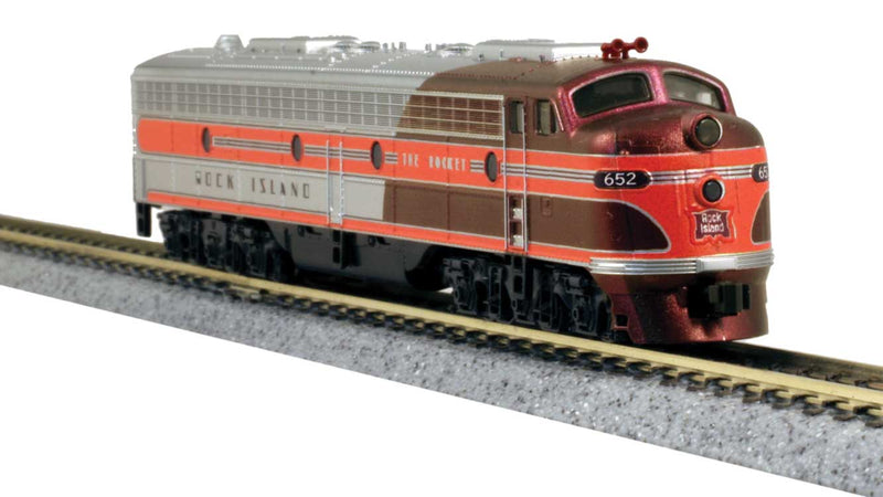 Kato 381-1765365KBL EMD E8A w/Freight Pilot, No Dynamic Brakes - LokSound & DCC -- Rock Island 652 (Rocket Scheme, silver, maroon, red), N Scale