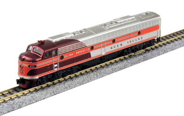 Kato 381-1765365KBL EMD E8A w/Freight Pilot, No Dynamic Brakes - LokSound & DCC -- Rock Island 652 (Rocket Scheme, silver, maroon, red), N Scale