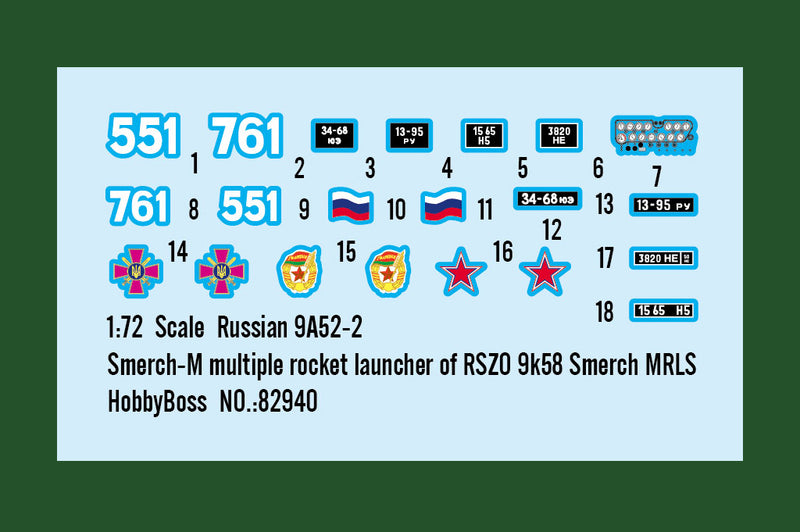 HobbyBoss Russian 9A52-2 Smerch-M multiple rocket launcher of RSZO 9k58 Smerch MRLS 82940 1:72