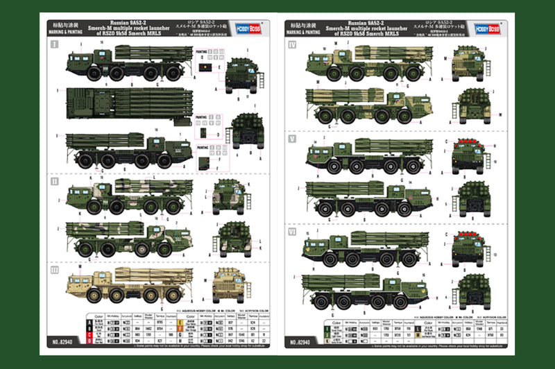 HobbyBoss Russian 9A52-2 Smerch-M multiple rocket launcher of RSZO 9k58 Smerch MRLS 82940 1:72