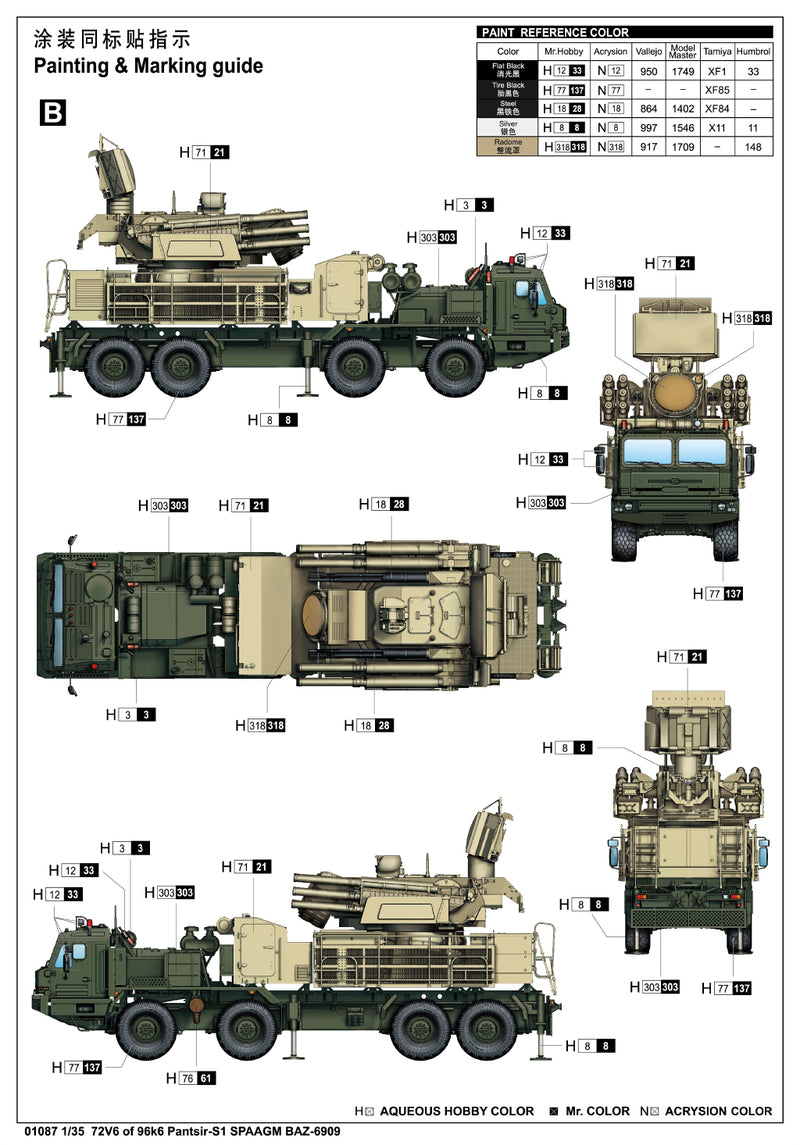 Trumpeter 72V6 of 96k6 Pantsir-S1 SPAAGM BAZ-6909 01087, 1:35