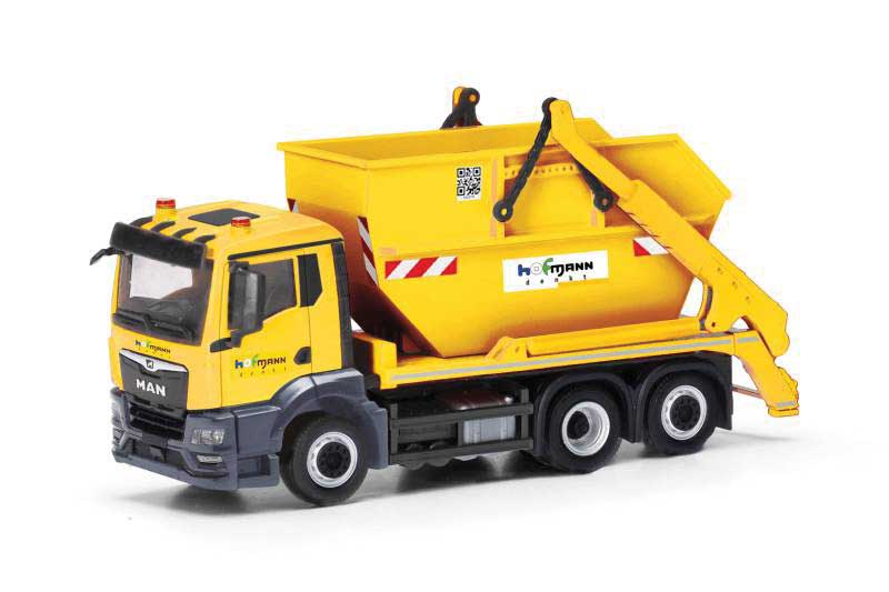 PREORDER Herpa Models 318433 HO MAN TGS Skip Loader - Assembled -- Hofmann (yellow, gray, German Lettering)