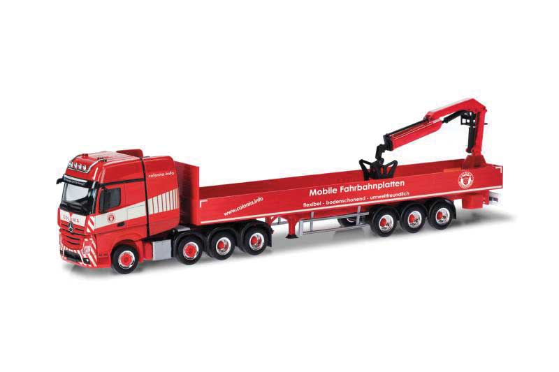 PREORDER Herpa Models 318426 HO Mercedes-Benz Actros Heavy-Duty Tractor and Trailer with Hoist - Assembled -- Colonia (red, white, German Lettering)