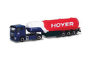 PREORDER Herpa Models 318136 HO MAN TGX Ecoflex Tractor with Curtain Trailer - Assembled -- Christina Scheib (black, purple, German Lettering)