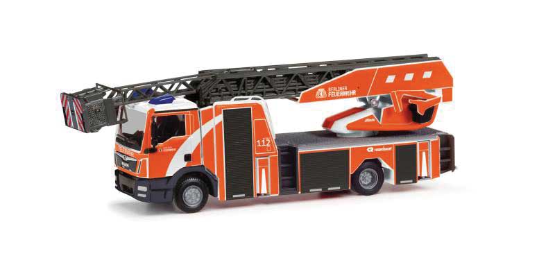 PREORDER Herpa Models 098090 HO MAN TGM Ladder Truck - Assembled -- Berlin, Germany, Fire Department (orange, white, German Lettering)