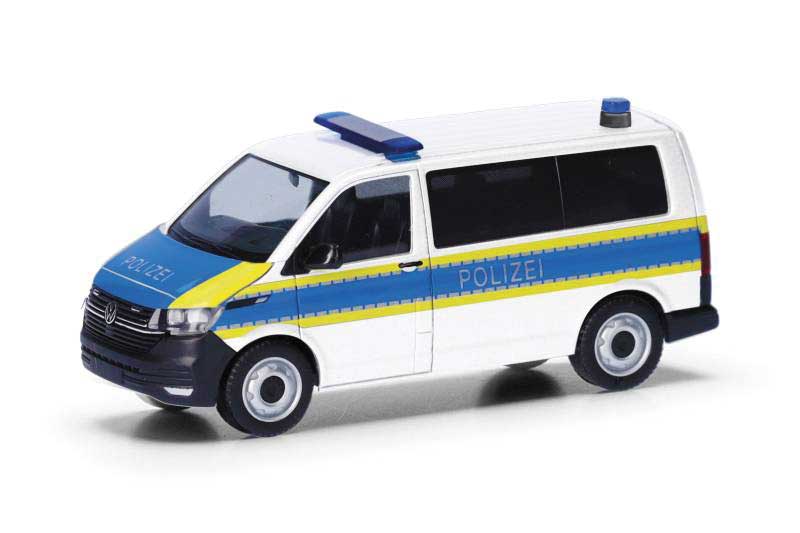 PREORDER Herpa Models 098113 HO Volkswagen T6.1 Passenger Van - Assembled -- Police (white, blue, yellow, German Lettering)