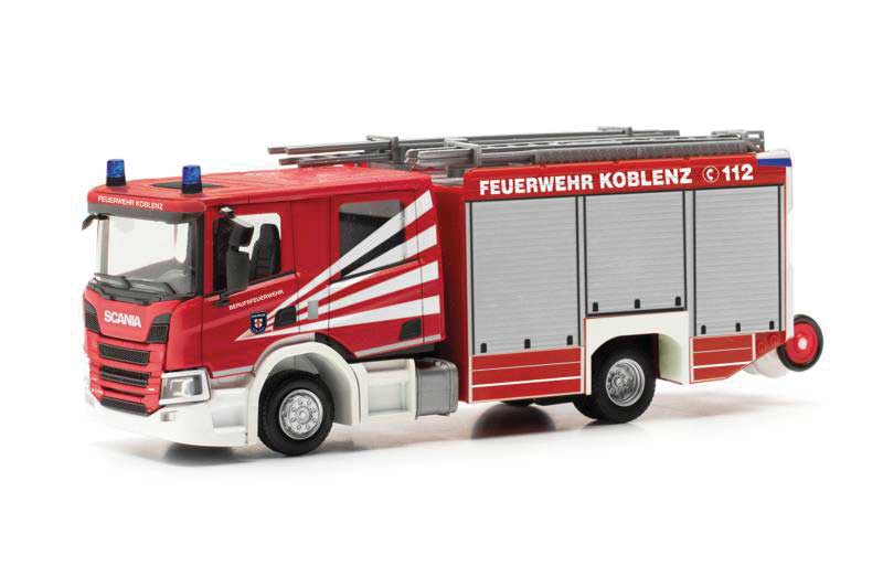 PREORDER Herpa Models 098137 HO Scania CP28 Fire Rescue Truck - Assembled -- Koblenz, Germany, Fire Department (red, white, silver, German Lettering)