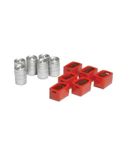 Kato N 08521243 6 Beer Kegs and 6 Boxes of Bottles, Red Boxes & Brown Bottles, Silver Kegs