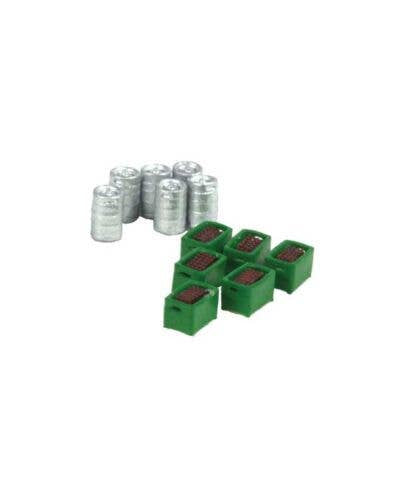Kato N 08521245 6 Beer Kegs and 6 Boxes of Bottles, Green Boxes & Brown Bottles, Silver Kegs