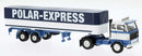 PREORDER Brekina HO 85671 1972 Volvo F89 Tractor with Low-Side Trailer & Tarp Cover, Assembled, Polar-Express (blue, white)