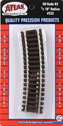 Atlas HO MO533 Code 83 Curved Snap Track, 1/2 Section, 18" Radius (4)
