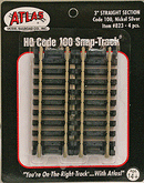 Atlas HO 823 Straight Snap-Track Nickel-Silver Rail, 3" 7.6cm (Black Ties) (4)