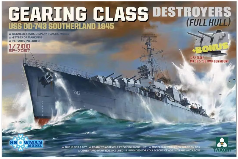 Takom Models - 7057 - 1:700 -Gearing-Class Destroyer USS Southerland DD-743 Gearing Class Destroyer 1945 (Full Hull+Bonus)