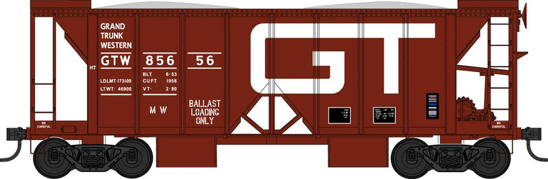 PREORDER Bowser 43667 HO 70-Ton 2-Bay Ballast Hopper with Side Chutes (Ballast Gates) - Ready to Run -- Grand Trunk Western