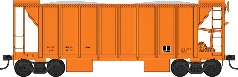 PREORDER Bowser 43684 HO 70-Ton 2-Bay Ballast Hopper with Side Chutes (Ballast Gates) - Ready to Run -- Dimensional Data Only (orange)