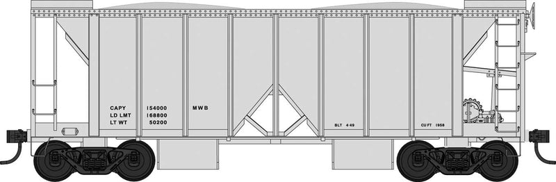 PREORDER Bowser 43685 HO 70-Ton 2-Bay Ballast Hopper with Side Chutes (Ballast Gates) - Ready to Run -- Dimensional Data Only (gray)