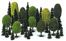 Busch 6490 Mixed Forest Trees (35), 10 Deciduous: 1-31/32 to 3-15/16"; 25 Pine: 1-31/32 to 4-5/16"