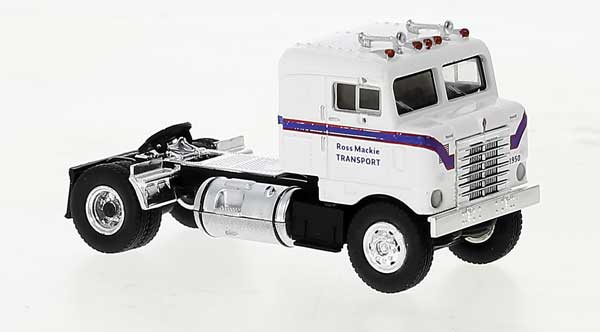 Brekina Automodelle 85951 1950 Kenworth Bullnose Tractor Only - Assembled -- Ross Mackie Transport (white, blue), HO Scale