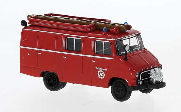 Brekina Automodelle 35802 1959 Opel Blitz LF 8 Passenger Van - Assembled -- Kassbohrer Plant Fire Brigade (red, white, German Lettering), HO Scale