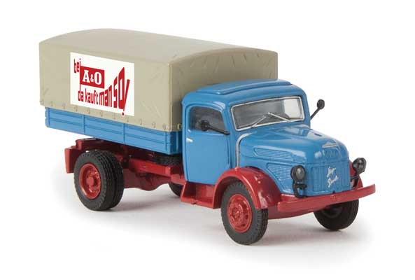 Brekina Automodelle 58047 1955-1968 Steyr 480 Low-Side Delivery Truck, Tarp Cover - Assembled -- A&O (light blue, taupe, red, German Lettering), HO Scale