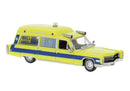 Brekina HO 19779 1966 Cadillac Meteor Ambulance, Assembled, Dallas Ambulance (yellow, blue)
