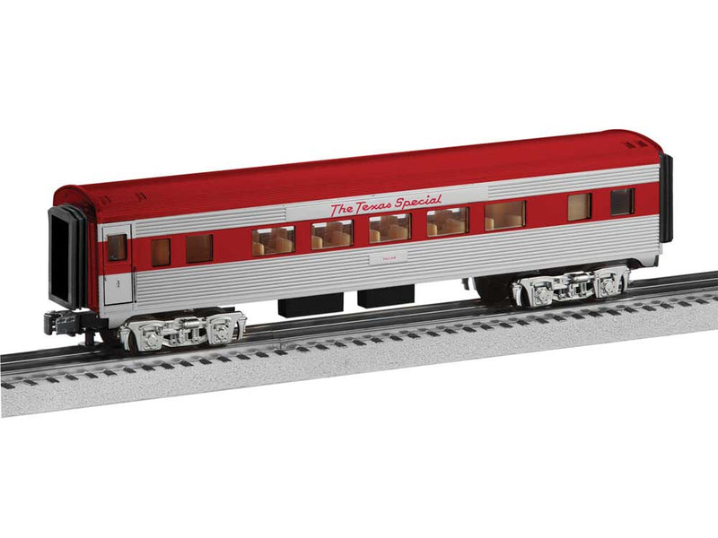 PREORDER Lionel 2-327380 O 13" Streamlined Coach - Lighted - Ready to Run - 3-Rail -- Texas Special MKT-SLSF Tulsa (silver, red)