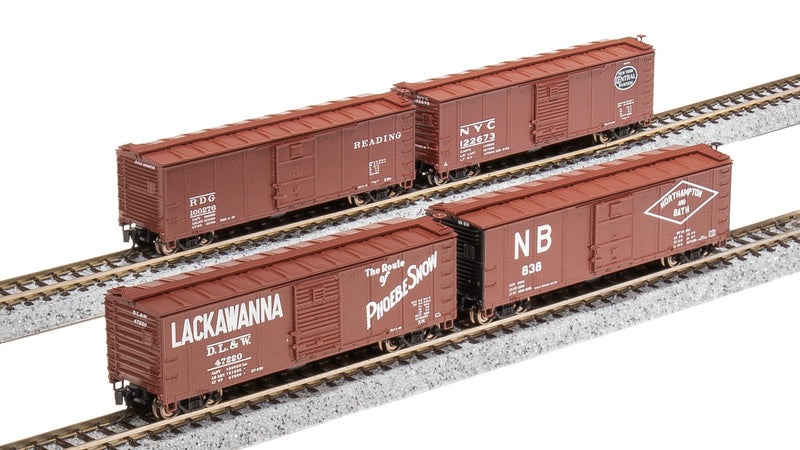 BLI 7272 NYC 40' Steel Boxcar, Variety Set C, 1950's 4-pack, (NYC, RDG, DLW, NB), N Scale