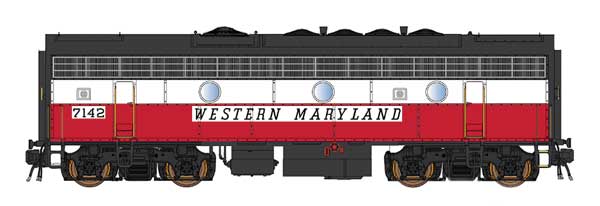 InterMountain 69794 EMD F7B - Standard DC -- Western Maryland (Circus, red, white, black), N Scale