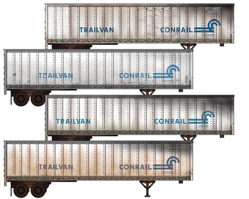 Micro Trains Line #983 02 223 45' Van Trailer 4-Pack Jewel Case - Assembled -- Conrail #252216, 654602, 235238, 254100 (Weathered, white, blue), N Scale