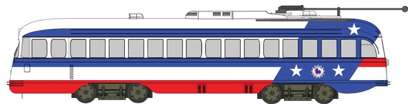 Bowser 13031 Kansas City-Style Post-War PCC Streetcar - LokSound and DCC - Executive Line -- Bicentennial Scheme - No Number or State (white, blue, red), HO