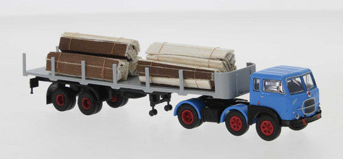 Brekina HO 58509 1960s Fiat 690 T Tractor with Flatbed Trailer and Load, Blue, Gray, Red