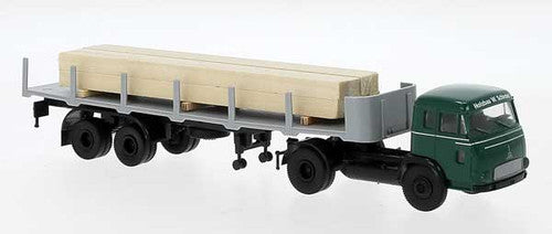 Brekina HO 83224 1964 Magirus Pluto Tractor with Flatbed Trailer and Lumber Load, Holzbau W. Schindel
