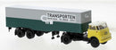 PREORDER Brekina HO 85235 1957-1970s DAF DO 2000 Semi Tractor with Van Trailer, Assembled, Geldersche (beige, green, gray, Dutch Lettering)