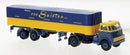 PREORDER Brekina HO 85238 DAF DO 2000 Semi Tractor with Low-Side Trailer and Cover, Assembled, van Swieten (yellow, blue, Dutch Lettering)