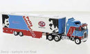 Brekina HO 85736 Kenworth K100 Aerodyne Sleeper-Cab Semi Tractor with Racing Trailer, Assembled, Richard Petty Enterprises (blue, red, white, black)