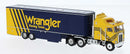 Brekina HO 85737 Kenworth K100 Aerodyne Sleeper-Cab Semi Tractor with Racing Trailer, Assembled, Dale Earnhardt Team (Wrangler, blue, yellow)