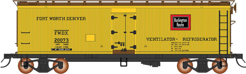 PREORDER InterMountain 477043 HO Fruit Growers Express Wood Refrigerator Car - Ready to Run -- Fort Worth & Denver (yellow, Boxcar Red, CB&Q Logo)