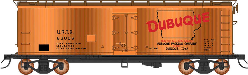 PREORDER InterMountain 477046 HO Fruit Growers Express Wood Refrigerator Car - Ready to Run -- Dubuque Packing URTX (orange, Boxcar Red, red, black)