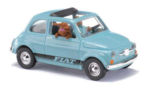 Busch HO 48735 1965 Fiat 500 F Station Wagon with Sunroof, Driver & Dog, Light Blue, Black